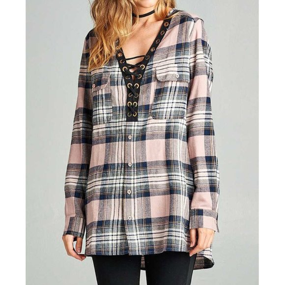 Mauve Navy Lace Up Front Plaid Top - Picture 9 of 9